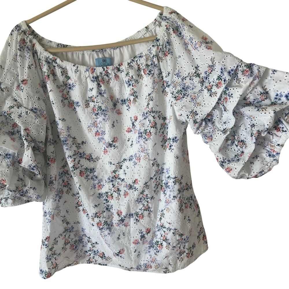 Cottage Core Top Floral Eyelet Off The Shoulder Ruffle Sleeve Blouse‎ Boho Large